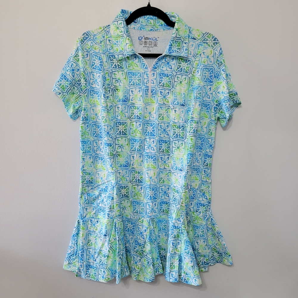 IBKUL Kathy Print Short Sleeve Godet Dress Size L Blue Green Athleisure UPF 50+